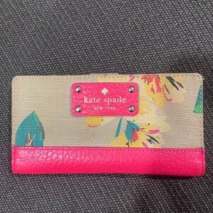 kate spade beige floral canvas wallet with pink trim